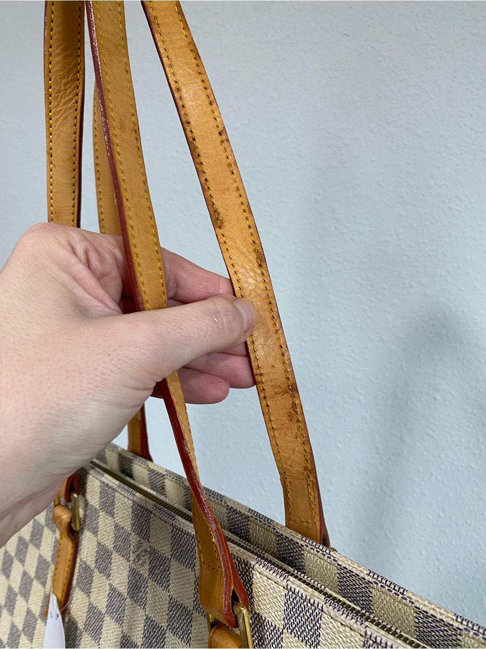 Beige Check Canvas Tote with Tan Leather Straps - Picture 7 of 16